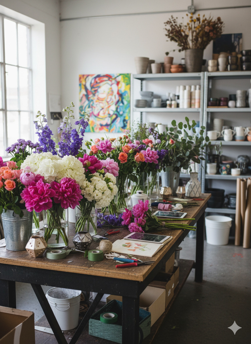 Floral design studio workspace with fresh flowers and tools