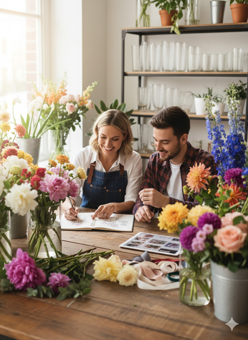 Custom floral design consultation and arrangement process