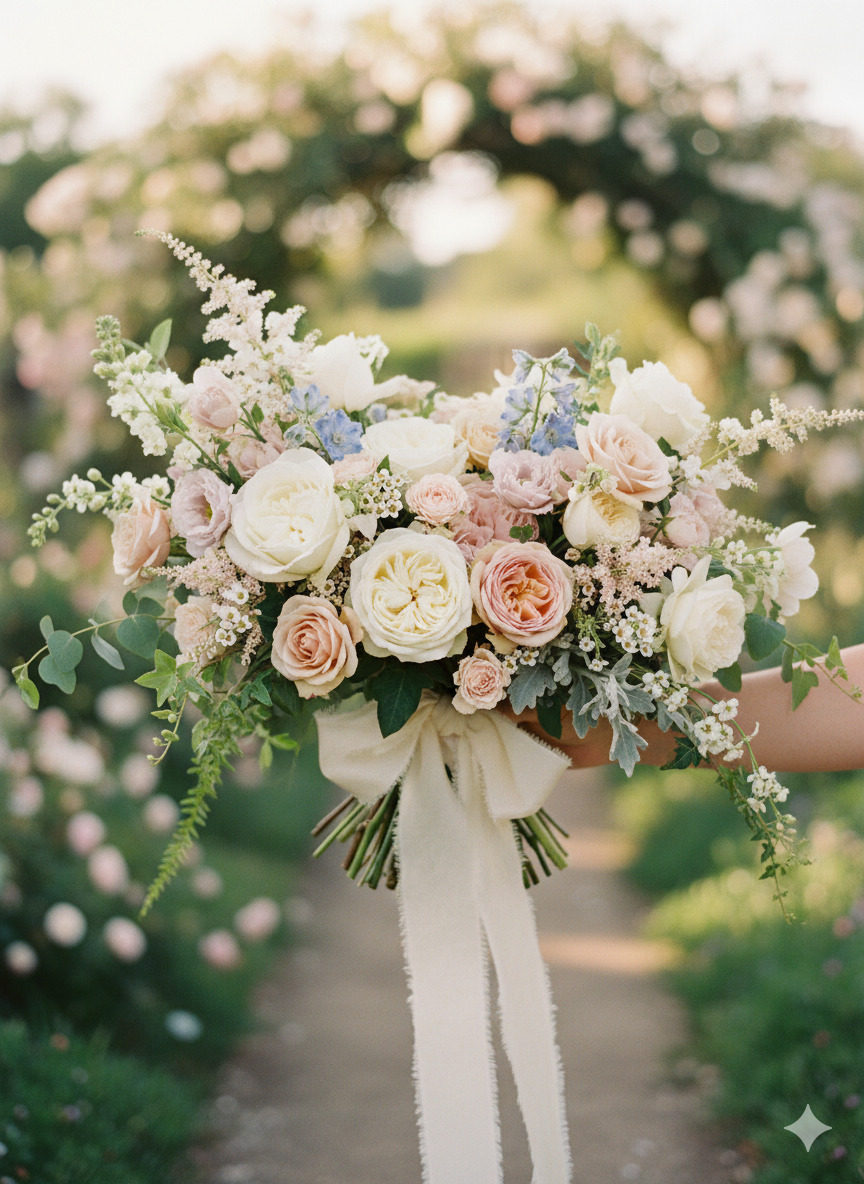 Garden Romance bouquet with roses and seasonal blooms