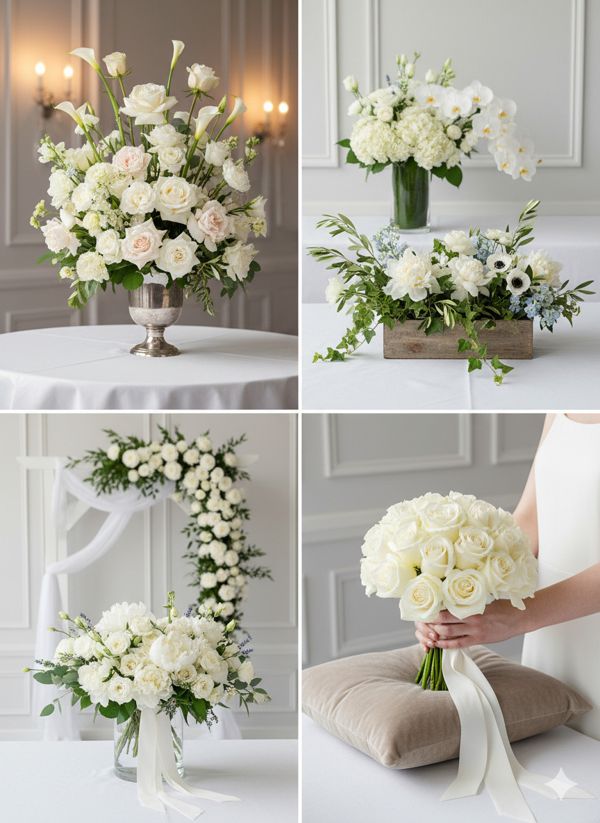 Elegant wedding floral arrangements and bridal bouquets
